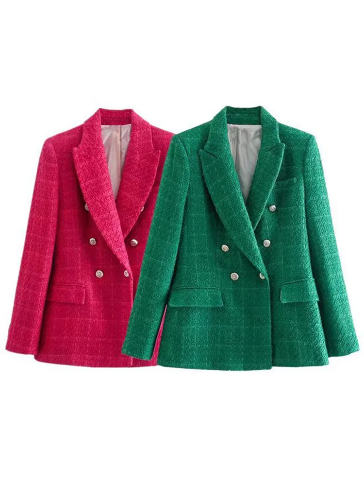 

Women Spring Jacket 2022 Fashion Double Breasted Tweed Check Blazer Coat Vintage Long Sleeve Pockets Female Outerwear Chic tops