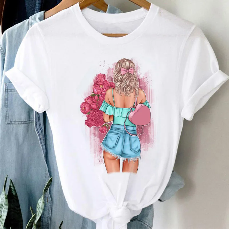 

Women T Shirt Flower Girl Print T Shirt 90s Girl Female Short Sleeve Tee Shirt Ladies Casual Tops Woman Fashion Cute Graphic Tee