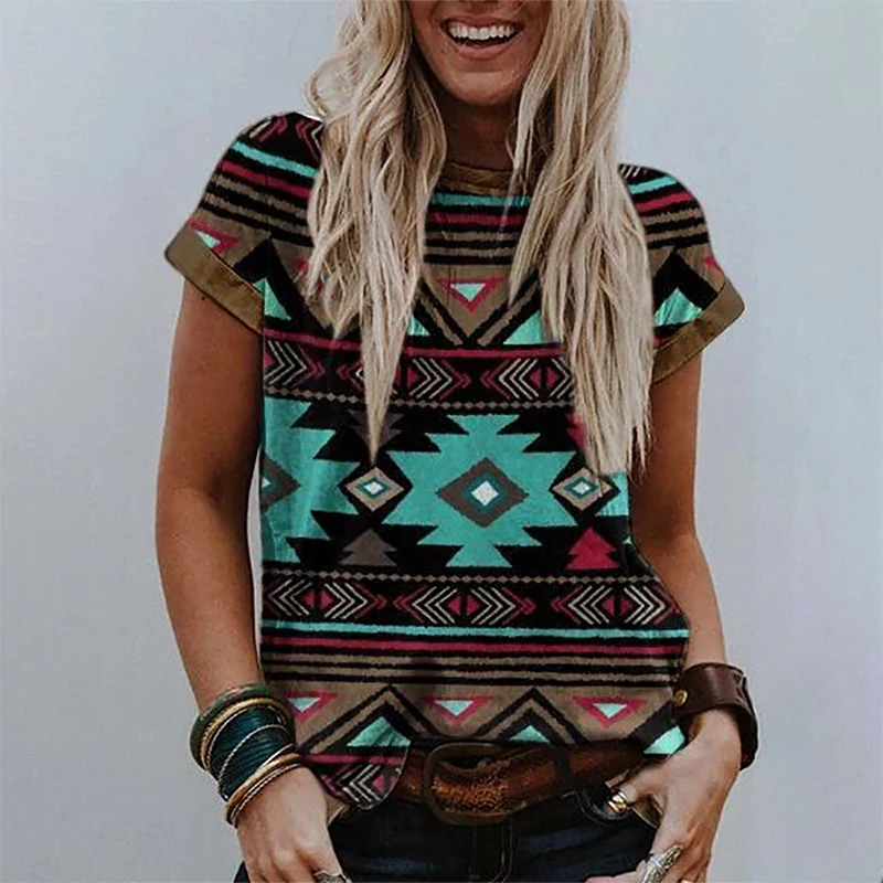 

Western ethnic style rhombus print T-shirt