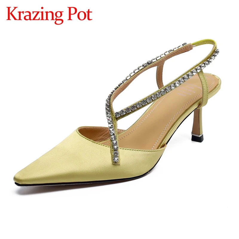 

Krazing pot summer new arrival silk pointed toe thin high heels rhinestone beauty lady evening party slingback women pumps L91