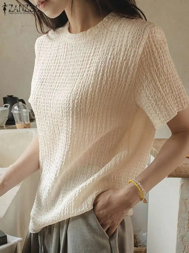 

Универсальные топы ZANZEA, Повседневная Свободная Женская текстурная блузка со складками, туники в Корейском стиле с круглым вырезом, модные л...