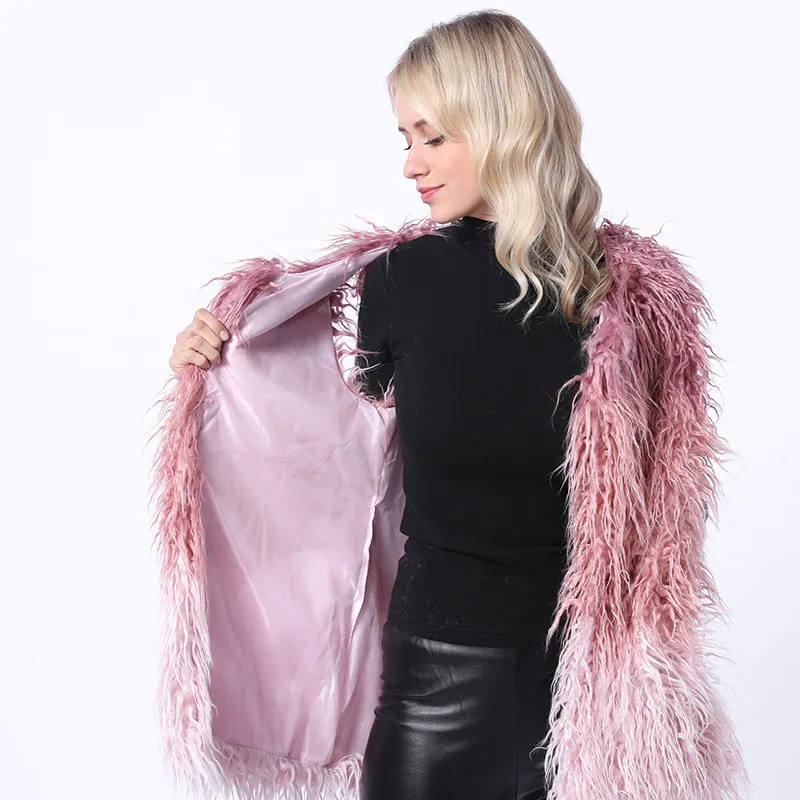 Women's Fur Vest Faux Fur Coat Women's Mid-Length Furry Fur Clothing Vest Faux Fur Coat