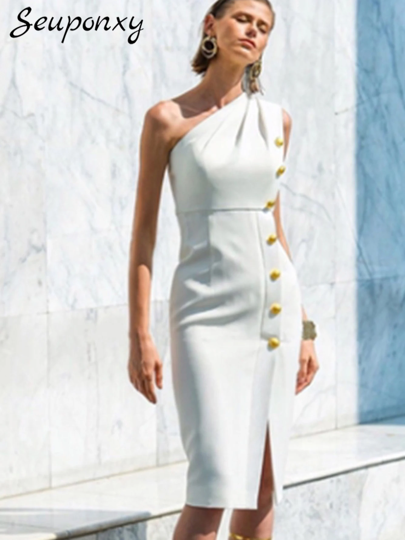 

High Quality White Women's Sexy One Shoulder Sleeveless Button Bandage Dress 2023 New Elegant Evening Party Club Dress Vestidos