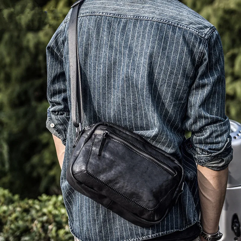 Casual designer genuine leather stitching men's black crossbody bag outdoor fashion high quality real cowhide teens shoulder bag