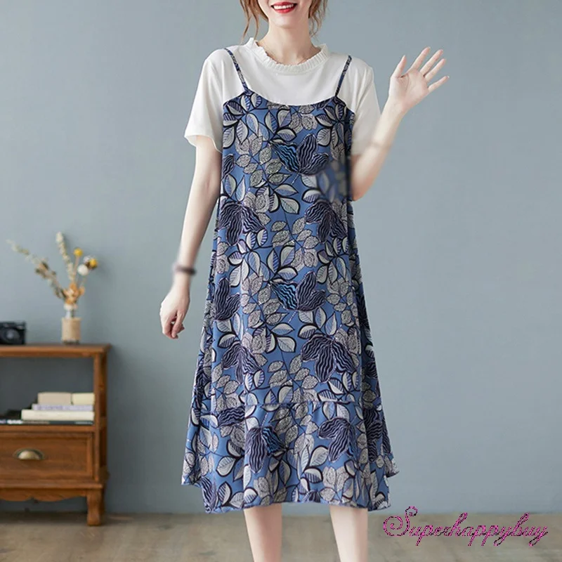 

Женское платье с коротким рукавом, круглым вырезом и цветочным принтом