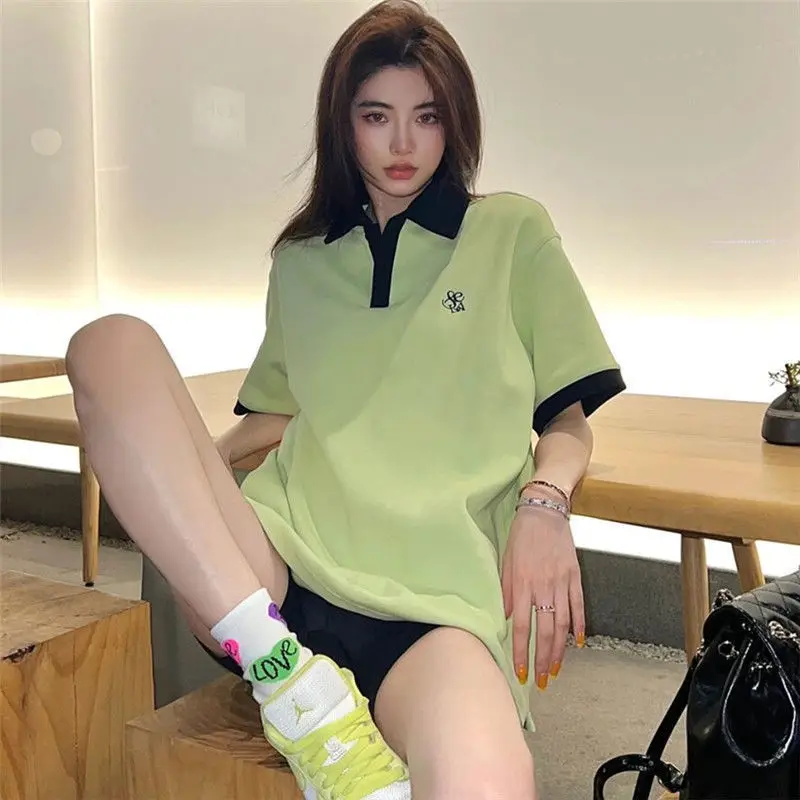 

Summer Ladies Short Sleeve Premium Avocado Green Top Embroidered Colorblock Polo Shirt Casual Commuter T-Shirt