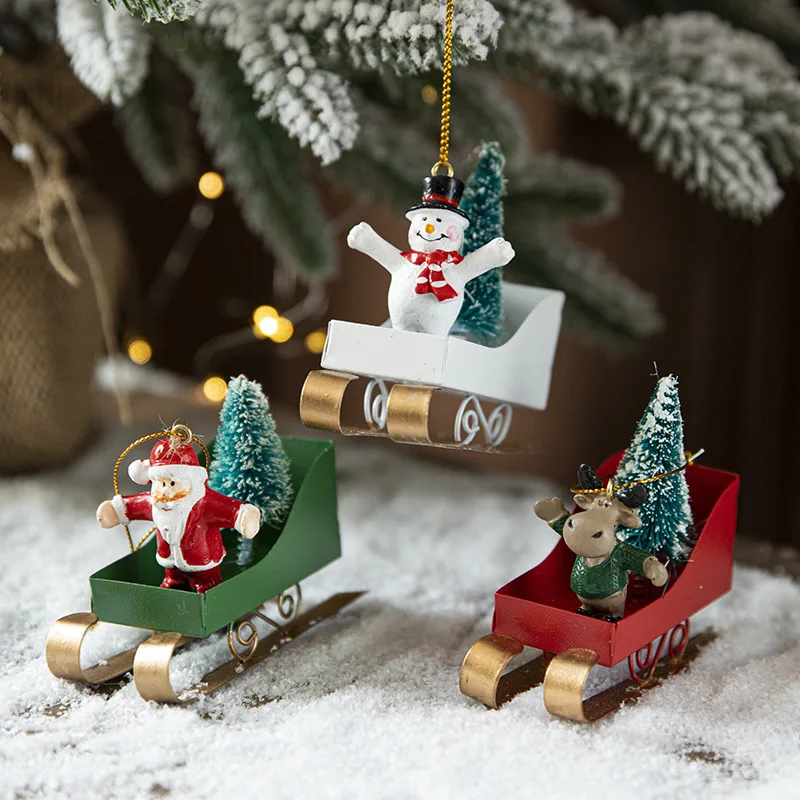 

2023 New Christmas Vintage Iron Decorations Santa Claus Elk Riding Sleigh Car Mini Figurines for Xmas Tree Decor