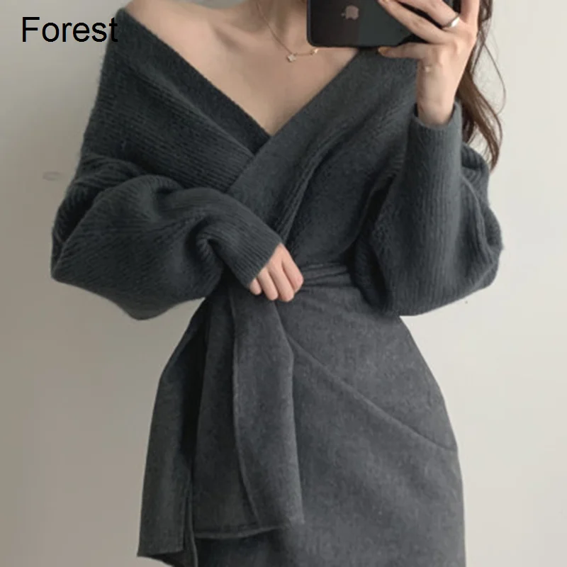 Женский свитер юбка костюм сексуальный облегающий с V-образным вырезом комплект