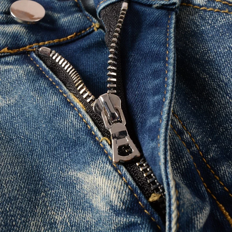 Street Fashion Men Jeans Retro Blue Elastic Slim Fit Spliced Biker Jeans Homme Leather Patch Designer Hip Hop Brand Pants Men