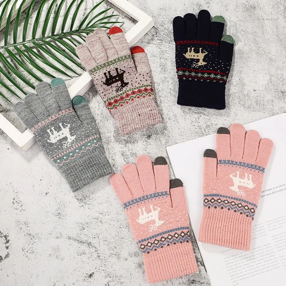 

1 Pair Winter Classic Colorful Cartoon Print Gloves Thickened Warm Full Finger Knit Mittens For Riding Skiing