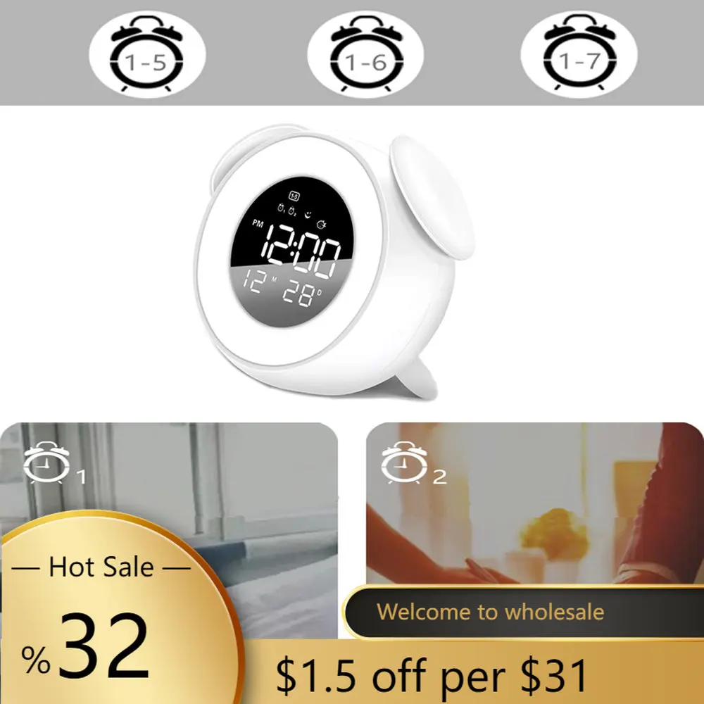 

Домашний прикроватный будильник восход и закат светильник цифровой светодиодный музыкальный будильник для спальни Настольный календарь б...