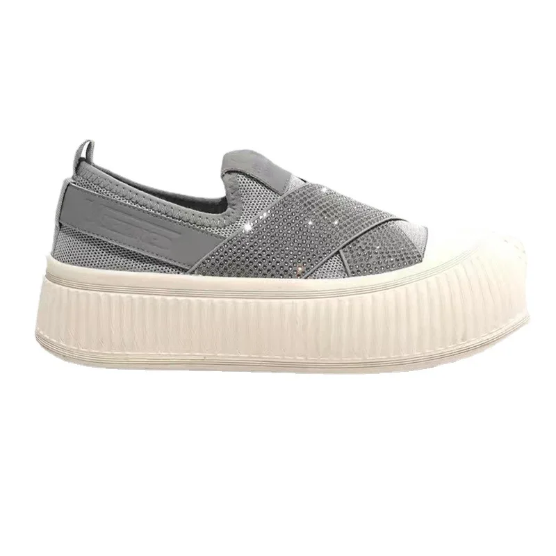 2023 Platform Shoes for Women Mesh Breathable Rhinestone Sneakers Adult Sports Shoes Elevated Soles Fashion Simple Gray Sneakers