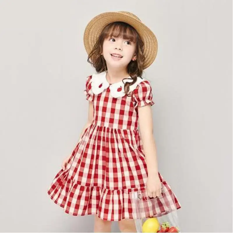 Girls Casual Dress Summer Short-Sleeved 2023 Cute Child Red Plaid Doll Collar Princess Dresses Kids Clothes 2 To 12 Years Old