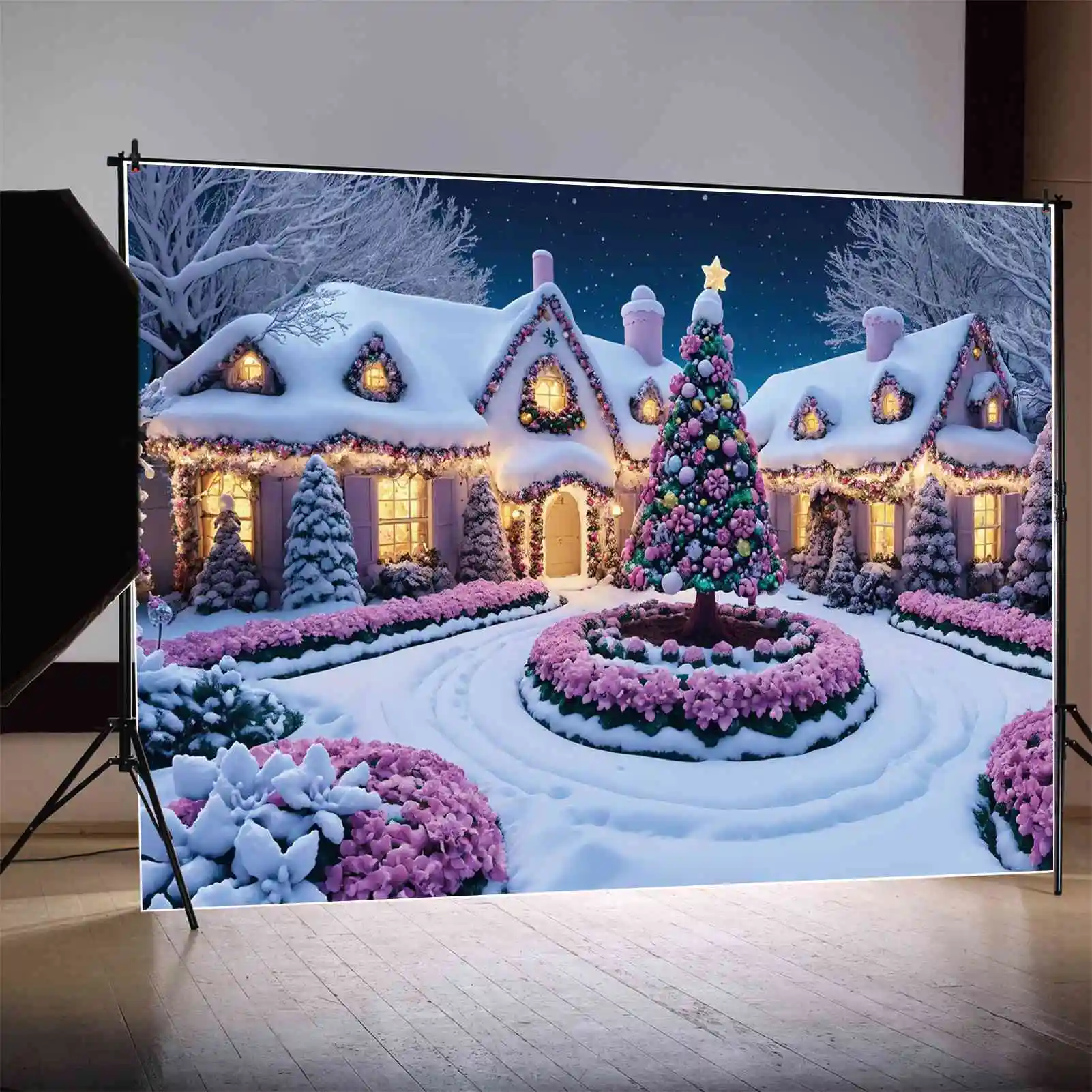 

MOON.QG Photography Backdrop Christmas Home Studio Light Photo Background Custom Snow Floor Pink Flowers Photoshoot Props