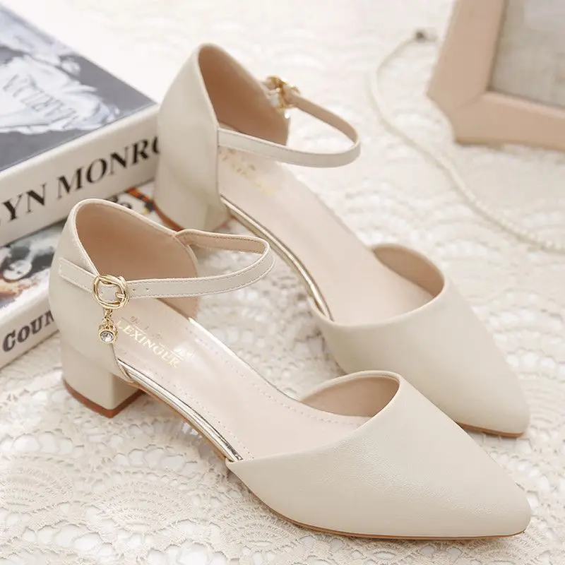 

FHANCHU 2023 New Soft Mid Heels,Women Pumps,Spring Shallow Shoes,Pointed Toe,Ankle Buckle Strap,Black,Beige,Dropship