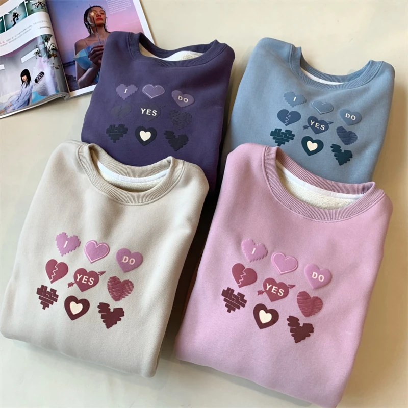 

Sandro Rivers Relief Heart-shaped Pattern Sweet Style Stereo Foaming Process Printing Plush Sweater For Women