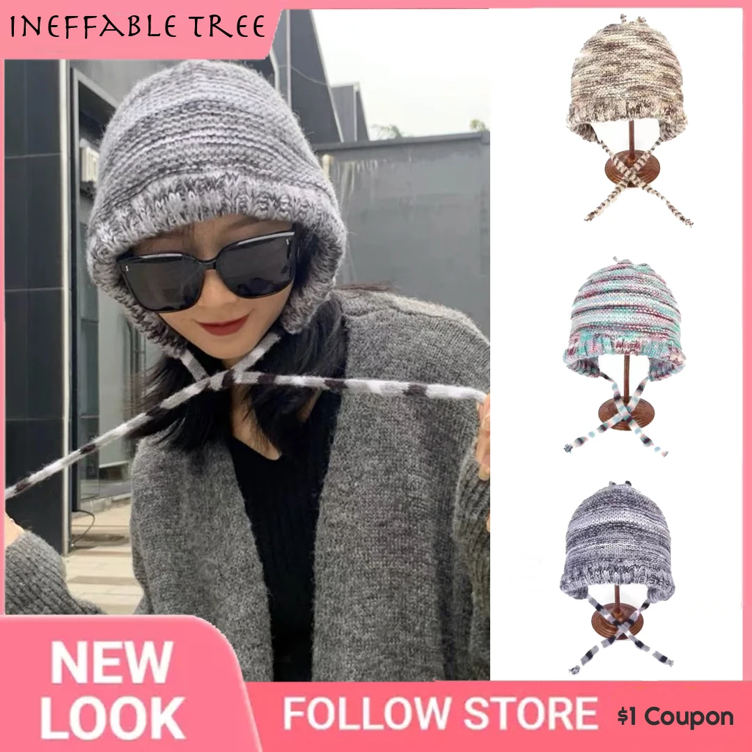 

Y2K Collision Colour Beanie Hat Knitted Women's Hats Autumn Winter Warm Ear Protection Windproof Pullover Bomber Gorras