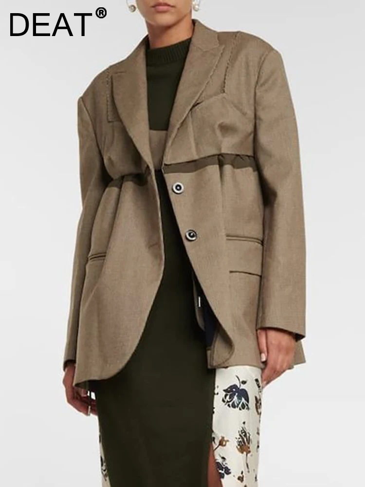 

DEAT Fashion Women Blazer Notched Collar Loose Single Breasted Checked Grain Spliced Ruched Suit Jackets Spring 2023 New 17A5790