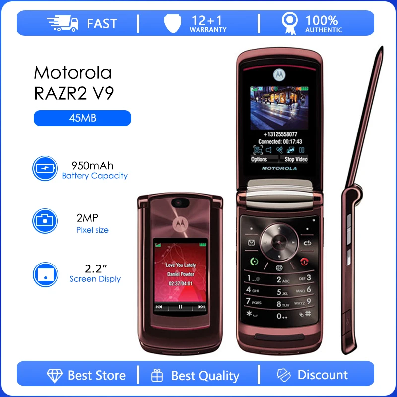 Фото Восстановленный Motorola RAZR2 V9 оригинальный V9 2MP съемный аккумулятор 950 мАч сотовый телефон оптовая продажа Бесплатная доставка №1