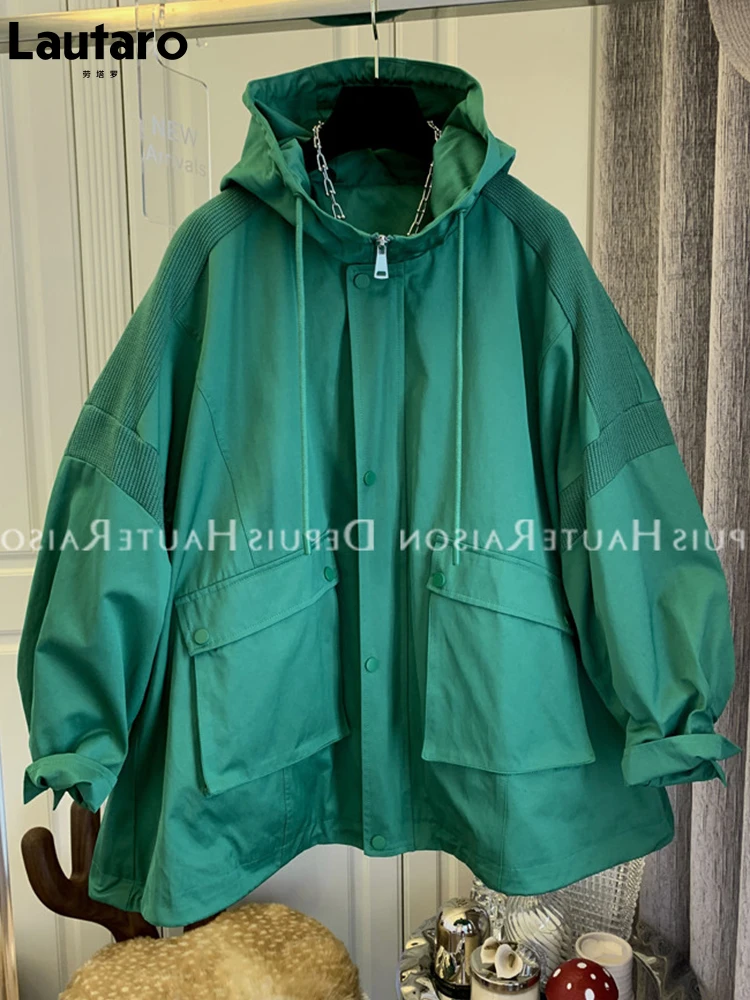 

Lautaro весна осень повседневная свободная зеленая белая негабаритная ветровка женская куртка с капюшоном карманы на молнии корейская мода Ве...