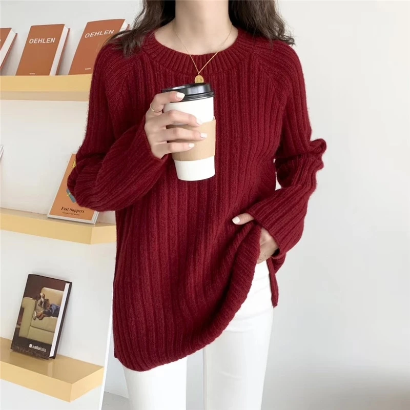 

Autumn Round Neck Knitted Sweater Pullover Sweater Long Sleeve Casual Pull Femme Wine Red Khaki Green Apricot Knitwear Jumpers