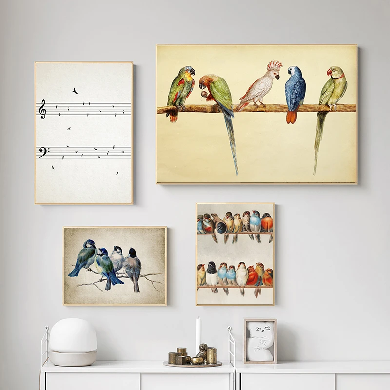 

Художественный принт с попугаем, винтажный постер с птицами, деревенский дом, настенный художественный холст, картина, какаду, паракет, карт...