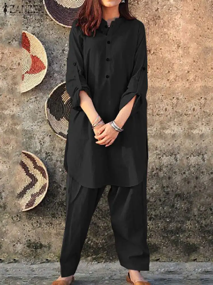 

Костюм ZANZEA Женский Повседневный с длинными брюками, модный однотонный костюм из 2 предметов, длинная рубашка на пуговицах, костюм для отдыха с круглым вырезом