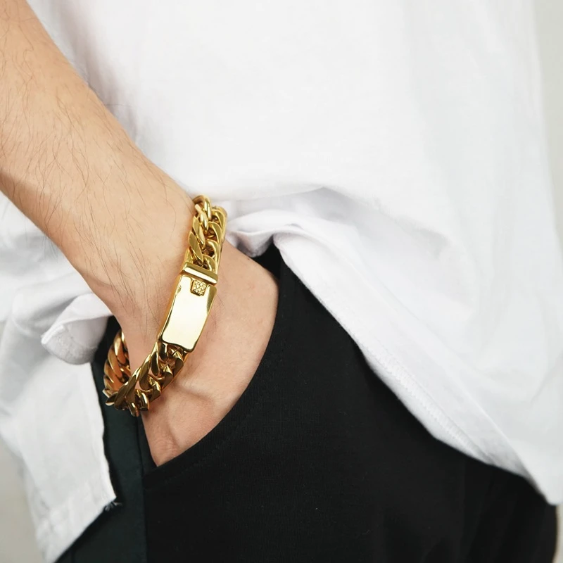 Мужской браслет из кубинской цепи с гальваническим покрытием и двумя кнопками