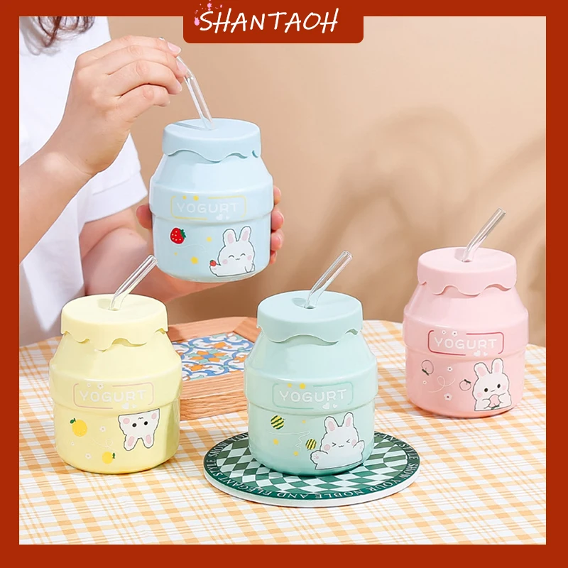 

550ML High-value Ceramic Cup With Lid Children's Breakfast Milk Cup Girl Cute Straw Drinking Cup Mugs Coffee Cups With Straw