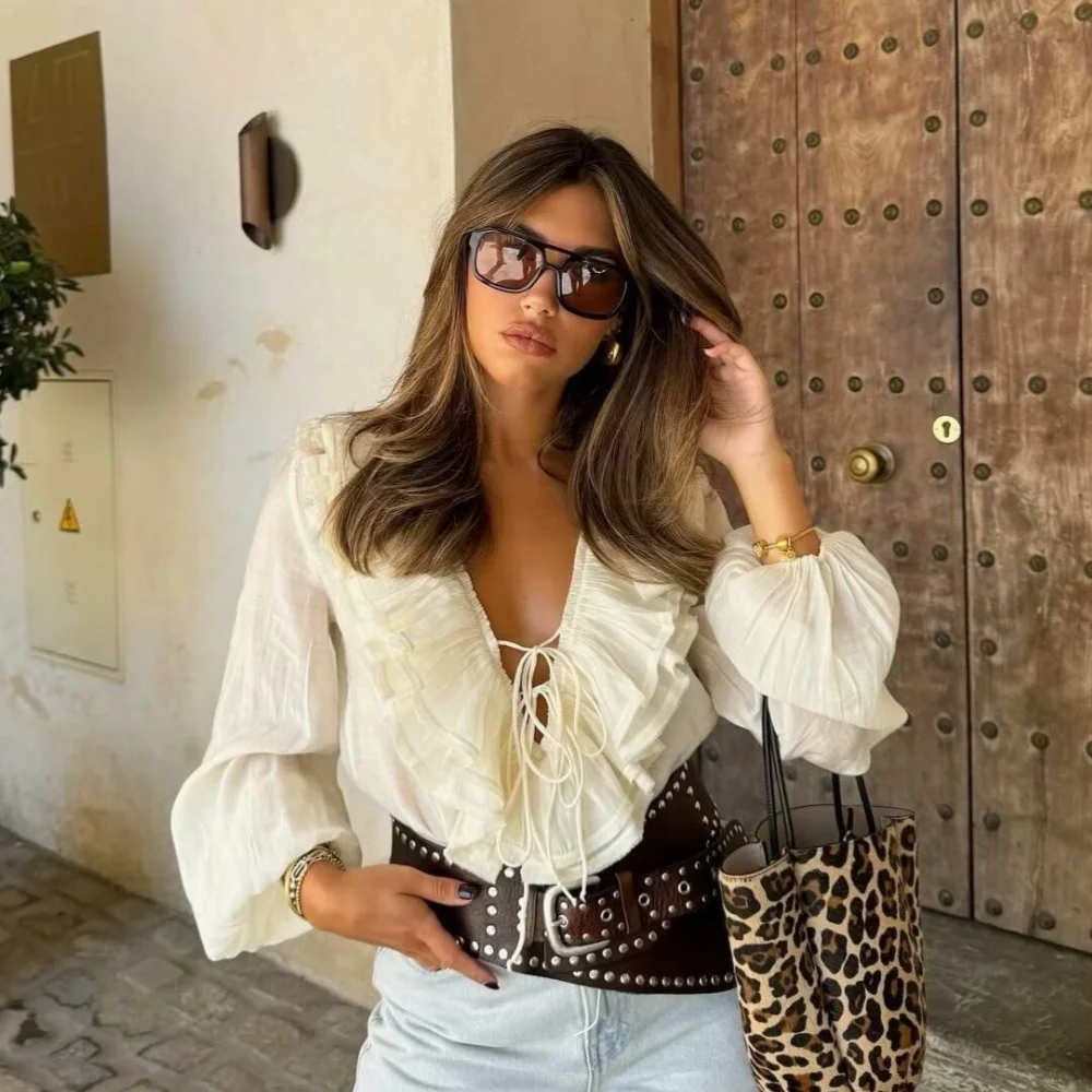 Осенняя Женская Повседневная Многослойная Блузка С V-образным Вырезом И Длинным