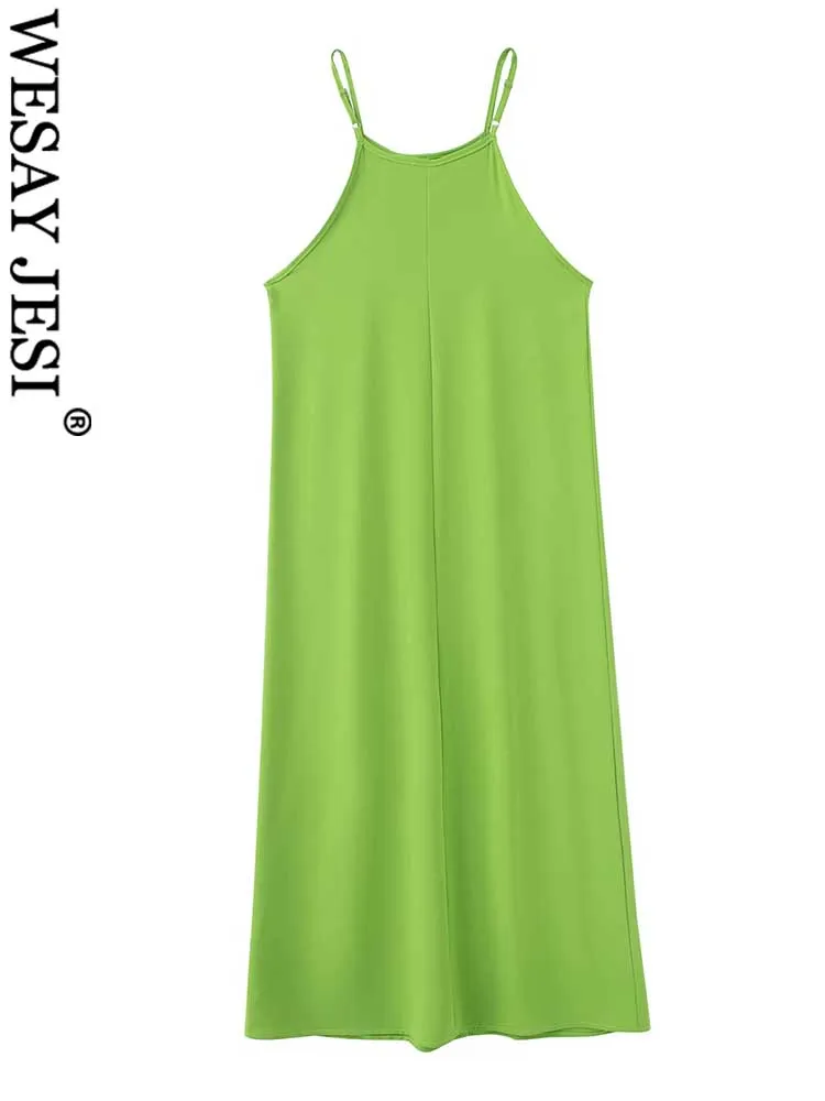 

WESAY JESI Solid Color Elegant Round Neck Skin Friendly Lady Long Dress Charming Lightweight Loose Sleeveless Sling Woman Dress