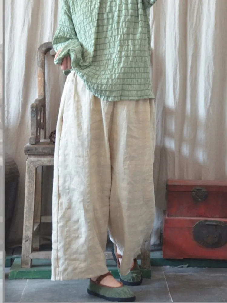 Брюки женские льняные с поясом на резинке свободные винтажные клетчатые брюки