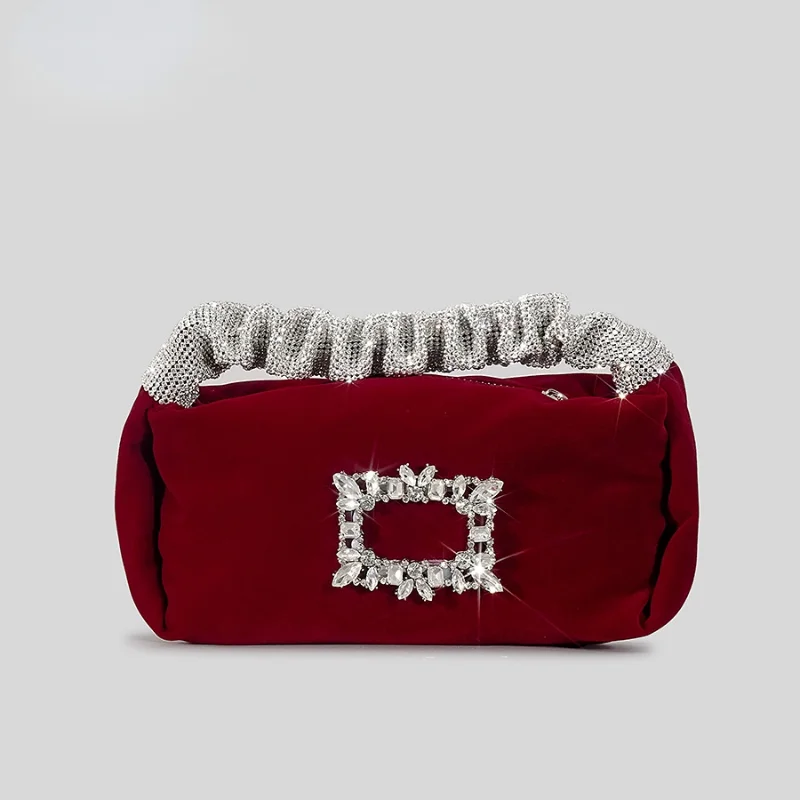 Fashion Velour Rhinestone Evening Bag Ruched Diamonds Handle Women Handbags Luxury Party Small Hobos Party Purse Female Bag 2023