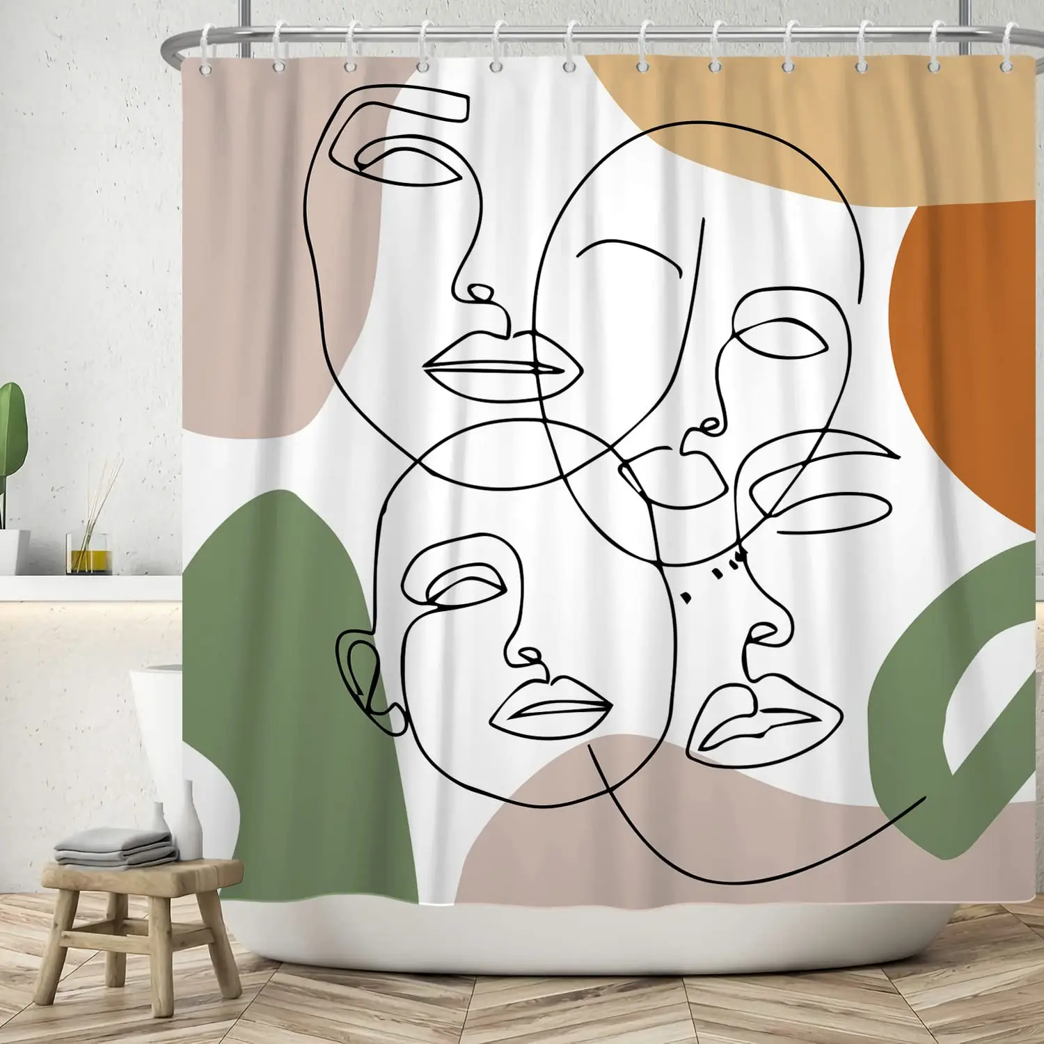 

Modern Abstract Face Shower Curtain Contemporary Female Silhouettes Pastel Colors Line Black and Beige Colorful Bath Curtain Set
