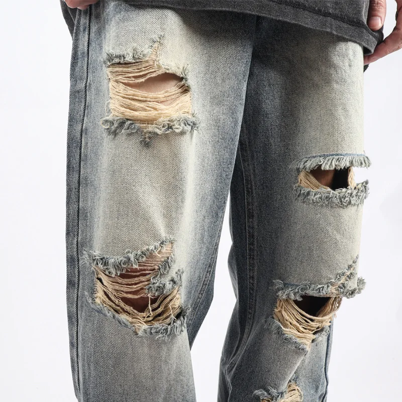 Streetwear Mens Jeans Straight Retro Loose Hole Fashion Full Length Trousers Ripped Jeans Pantalones Vaqueros Hombre
