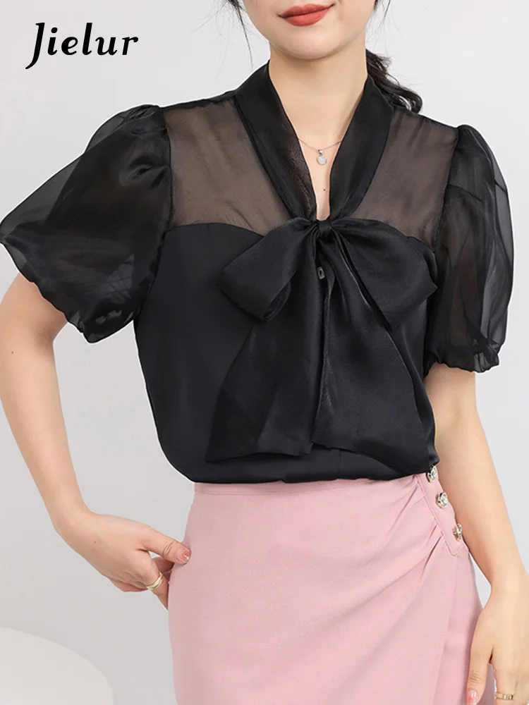Jielur Летняя новая однотонная тонкая женская блузка милая Элегантная для женщин