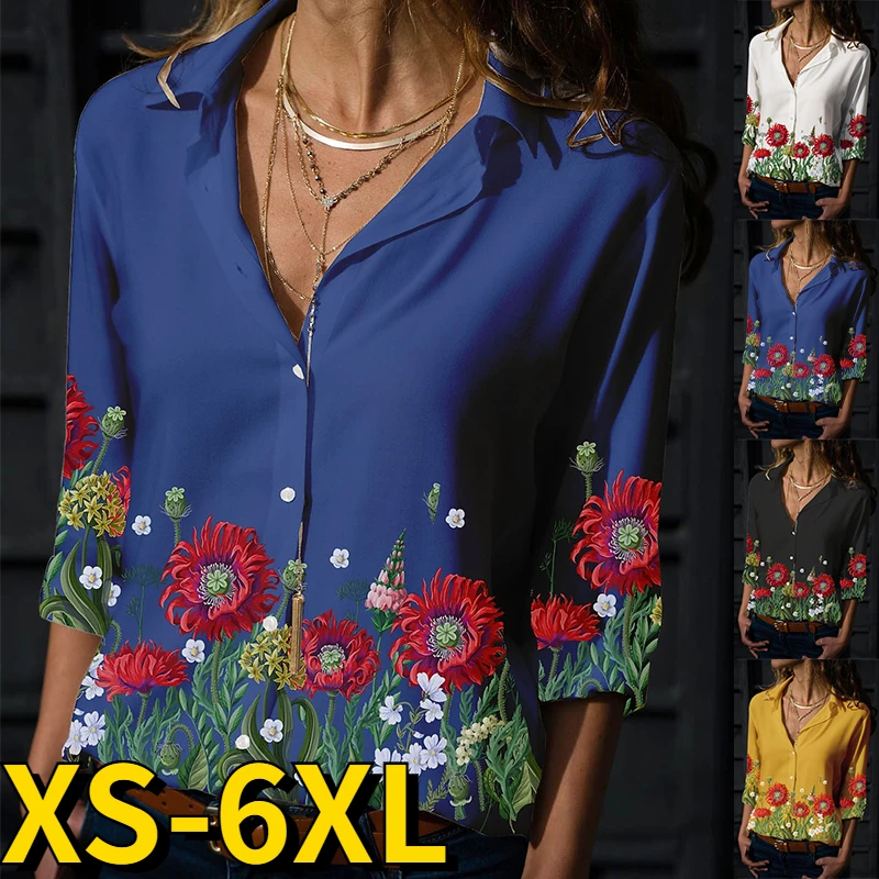 

Женская свободная рубашка с V-образным вырезом, длинным рукавом и цветочным принтом