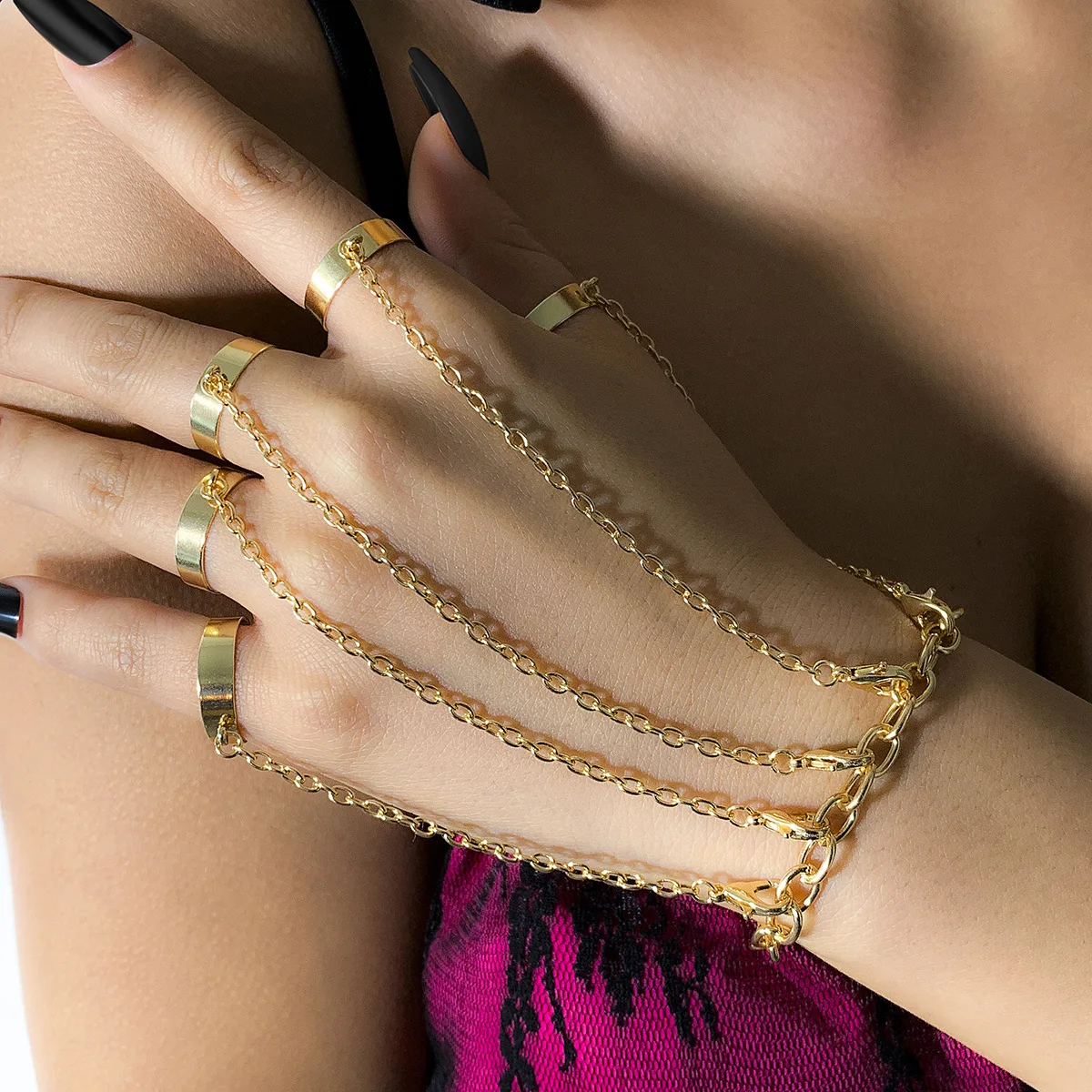 

Women Man Punk Finger Wrist Chains Rings Gold Color Rhinestone Bracelet for Couple Bracelet&Bangle Hand Chain Fashion Jewelry