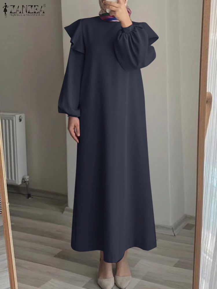 

ZANZEA Fashion Dubai Turkey Abaya Hijab Sundress Elegant Women Long Sleeve Solid Maxi Dress Islamic Clothing Robe Femme Vestido