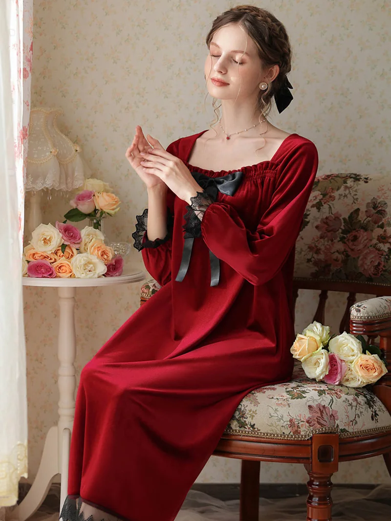 Women French Elegant Velvet Night Dress Long Sleeve Velour Robe Ruffles Bowknot Sleepwear Princess Nightwear Vintage Nightgowns