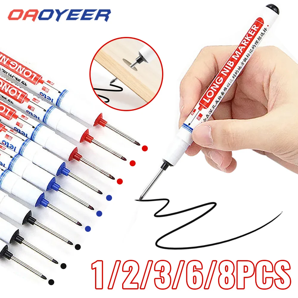 8Pcs/Set Long Head Marker Pens Bathroom Woodworking Decoration Multi-purpose Deep Hole Marker Pen Set Red/Black/Blue Ink 9916