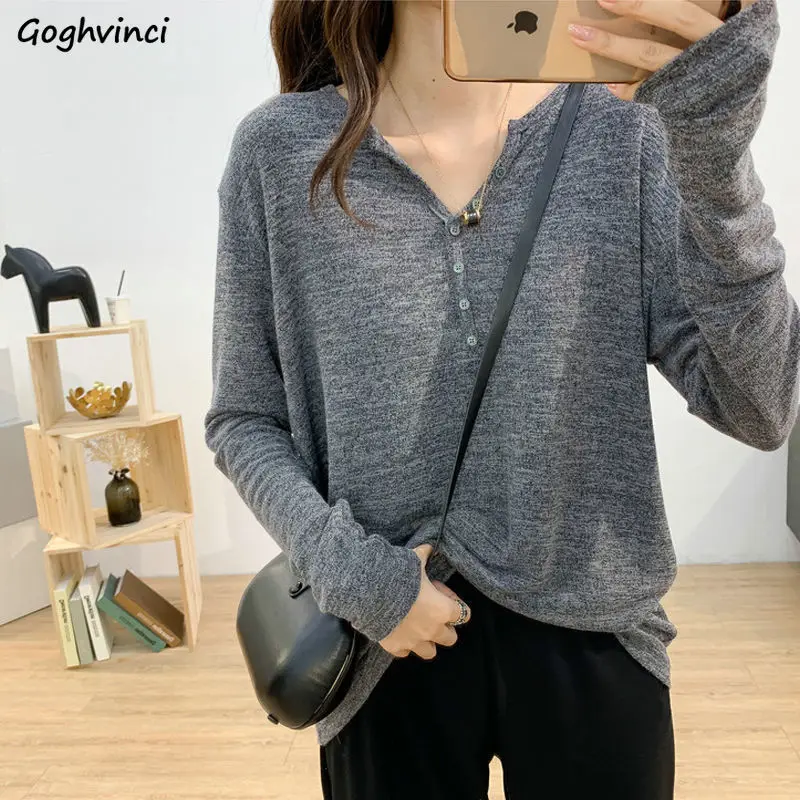 

Long Sleeve T-shirts Women Autumn Button V-neck Solid Popular Fashion Loose Daily Design New Ins Leisure Simple Hot Sale Chic