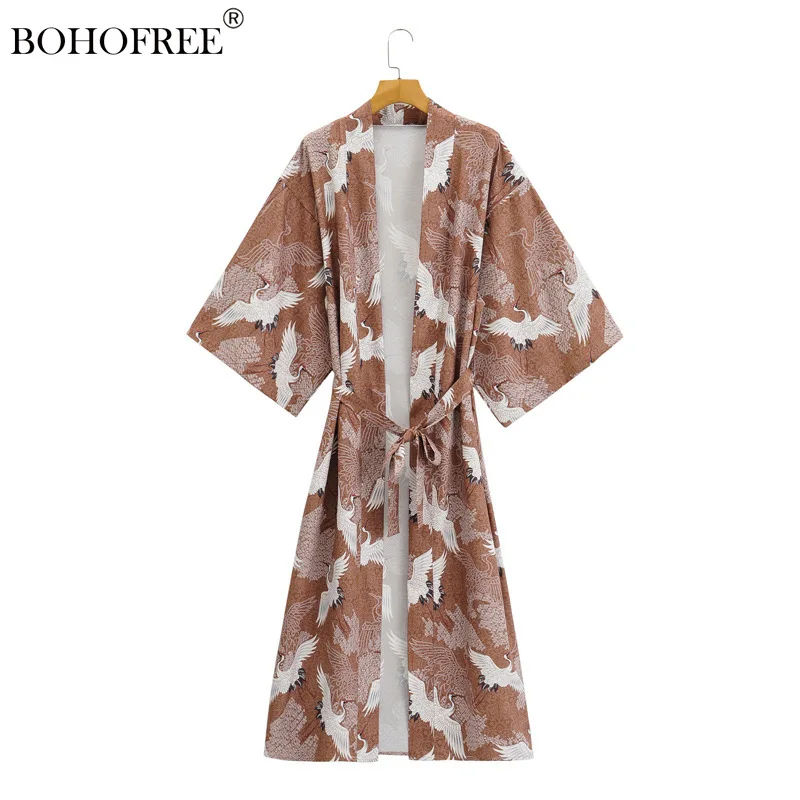 

Boho Vintage 80's Crane Print Kimono Loose Belt Bohemian Bikini Cover-ups Casual Cardigan Jacket Boho Robes Women
