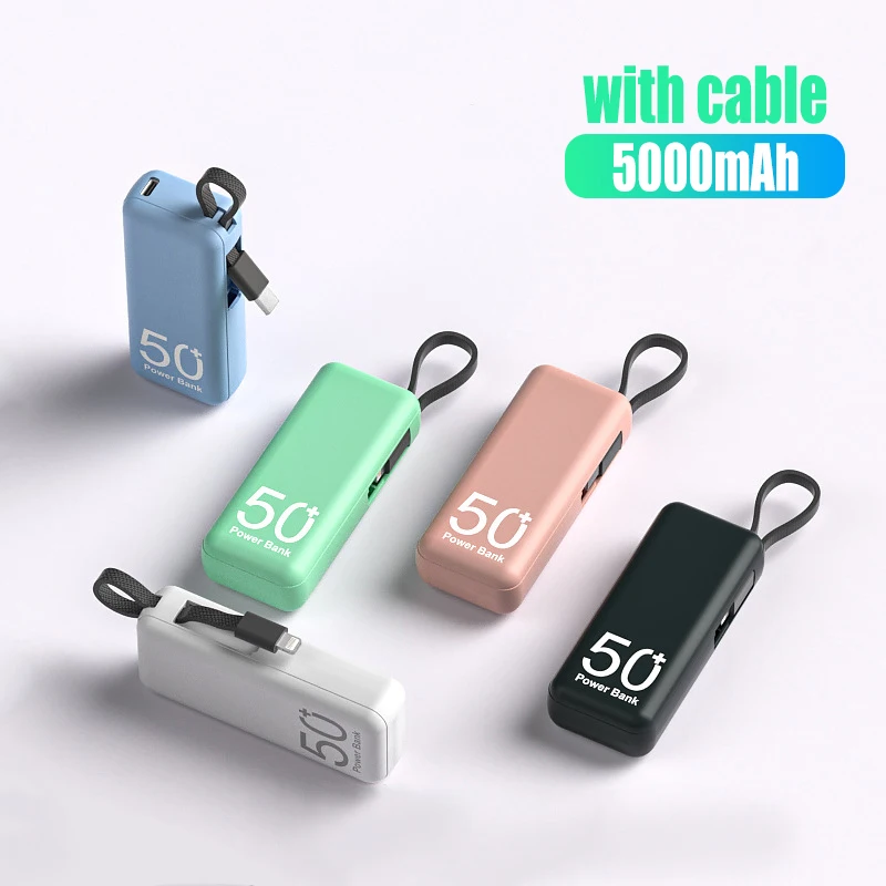 

Mini Portable 5000mAh Power Bank Built in Cable External Spare Battery Pack Powerbank For iPhone 14 13 12 Samsung S22 Xiaomi 12S