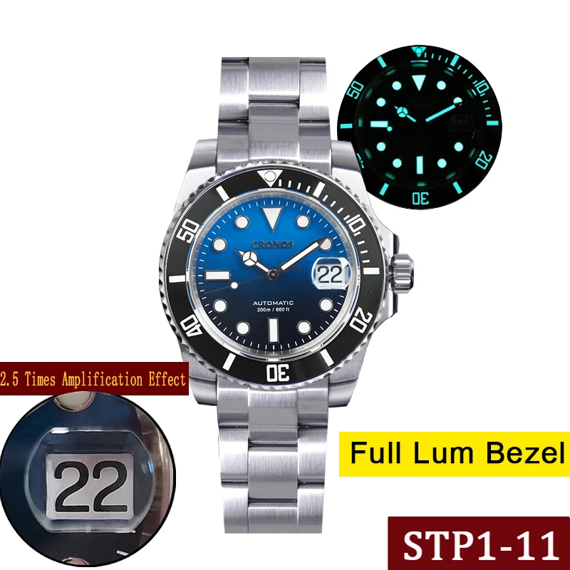

CRONOS Mens Diver Watches Military Automatic Mechanical Wristwatch BGW-9 Full Luminous 20 Bar Waterproof Clock Sapphire STP1-11