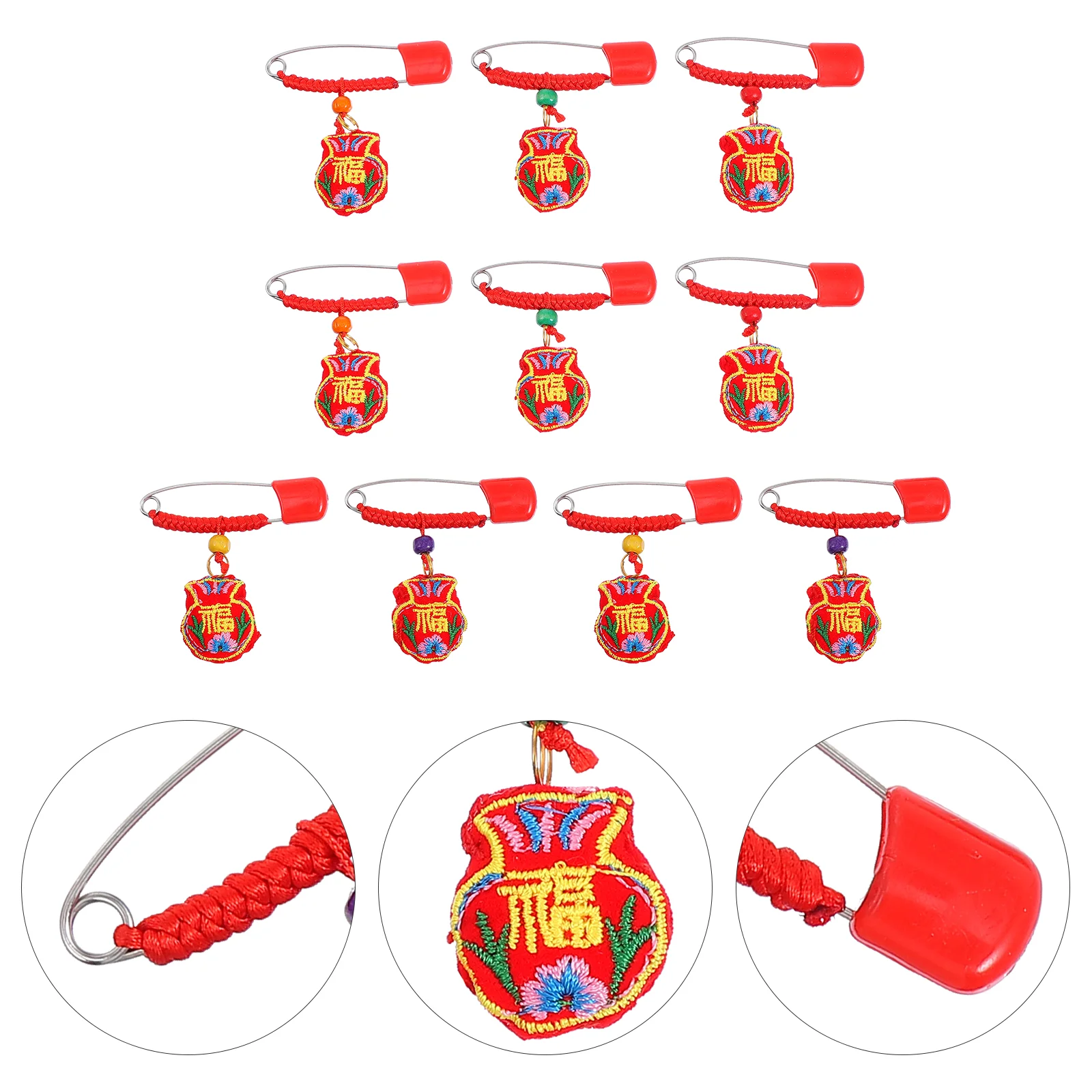 

10pcs Traditional Safety Pin Diaper Pin Tiger Year Blessing Embroidery Sachets