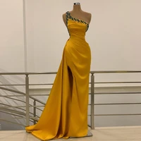 uosu yellow evening dress for women one shoulder sleeveless beading stones backless prom dresses high slit wedding party gown
