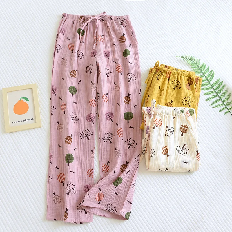 

Летние штаны с принтом листьев, домашние повседневные Хлопковые женские шорты, штаны, 100% креп, простые пижамные брюки для сна для женщин