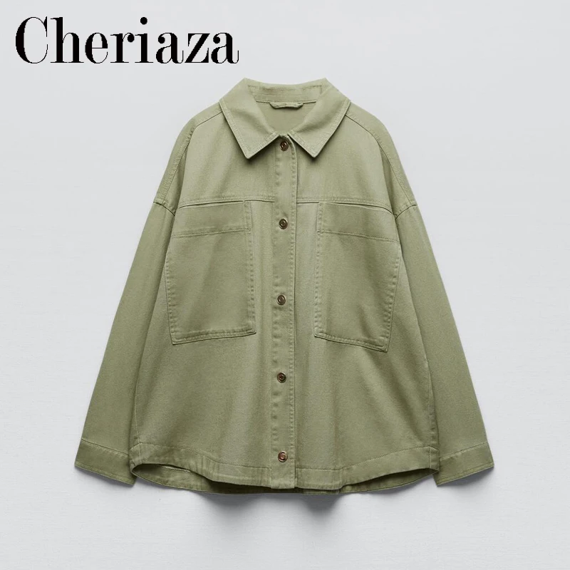 

Осенняя Женская свободная рубашка Cheriaza с длинными рукавами, белая куртка, повседневные куртки из смеси хлопка с двойными карманами, Однотон...