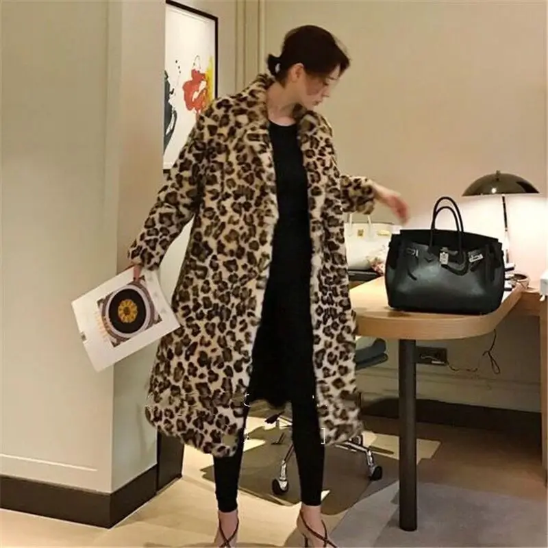 2021 Winter Women Brand Fashion Leopard Long Teddy Bear Jackets Coats Luxury Fashion Thick Warm Outerwear Faux Fur Coat Female